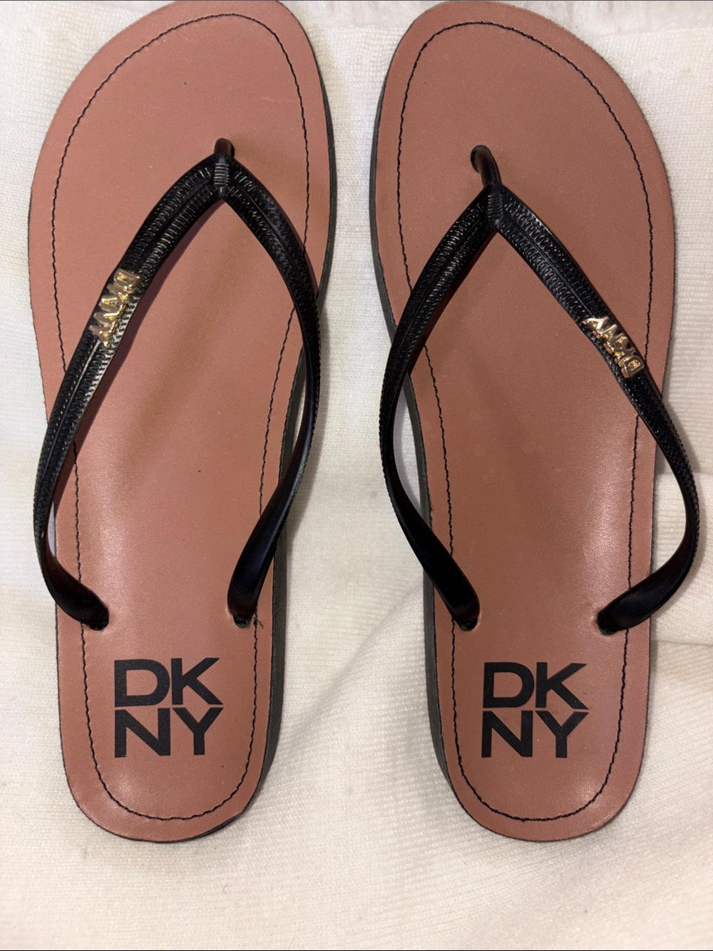 DKNY Black Strap Tan Footbed Sandals with Gold Logo